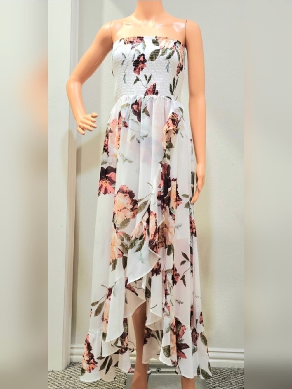 VENUS Strapless Floral High-Low Maxi Dress